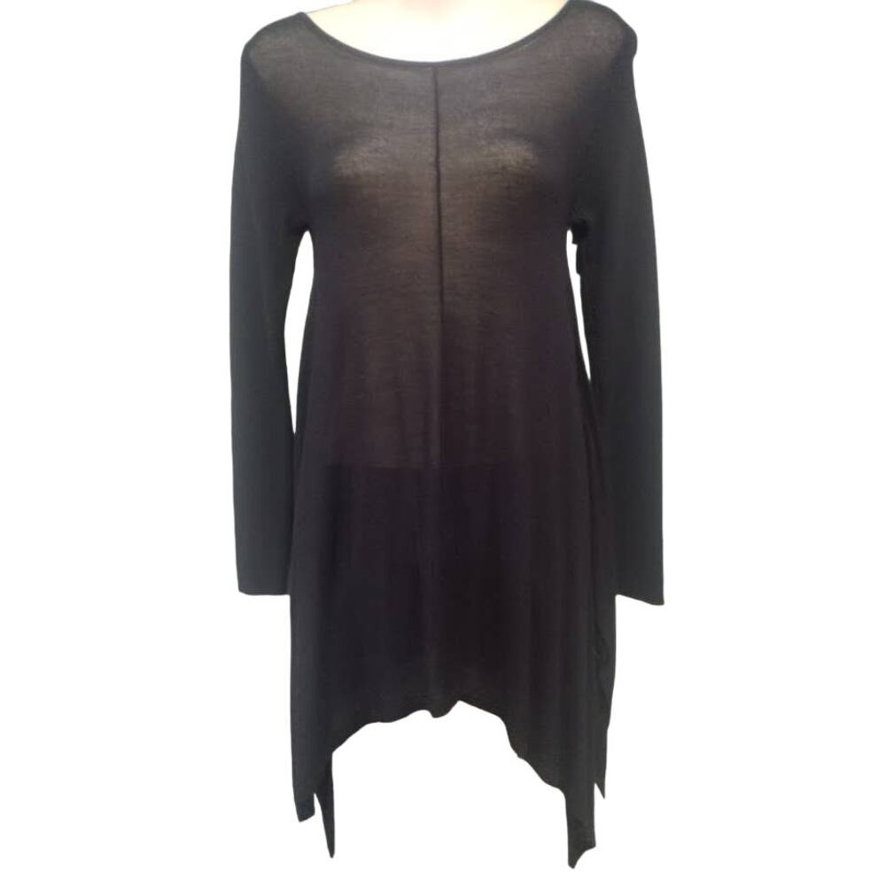 Belldini Sharks Tooth Hem Sheer Sweater Tunic with Heavy‎ Ribbed Arms Black Sz S